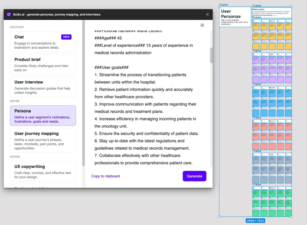 View of the plugin in Figma with the raw output and formatted sticky notes for an AI generated UX persona