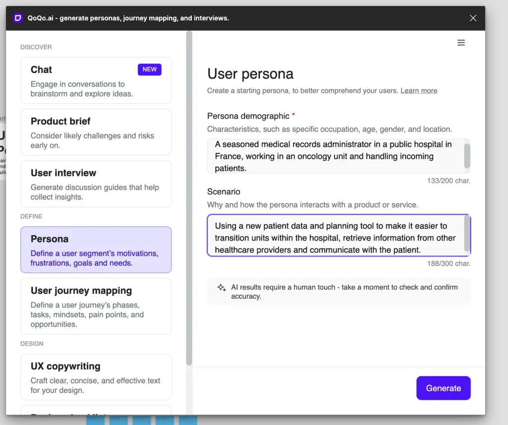Screen capture of the persona functionality with two input fields to get the AI to generate UX personas